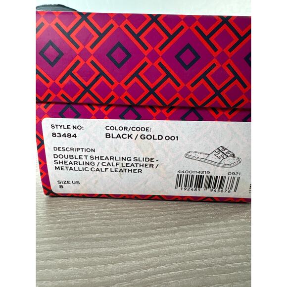 Tory Burch Black/Gold Double T Shearling Slide Slippers 8 M Leather Logo NIB - Picture 7 of 7